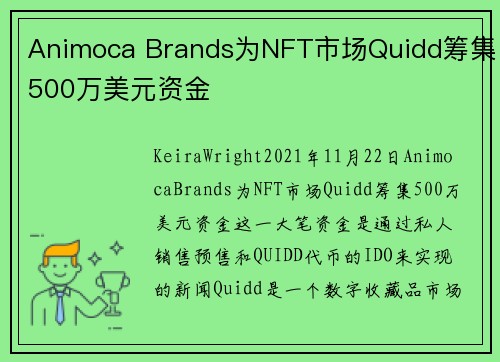 Animoca Brands为NFT市场Quidd筹集500万美元资金 