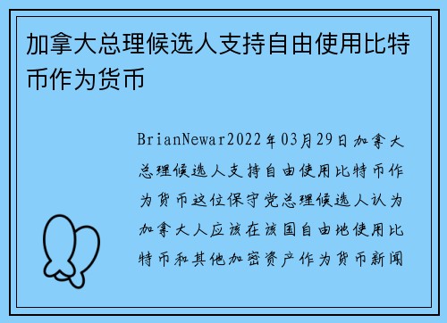 加拿大总理候选人支持自由使用比特币作为货币 